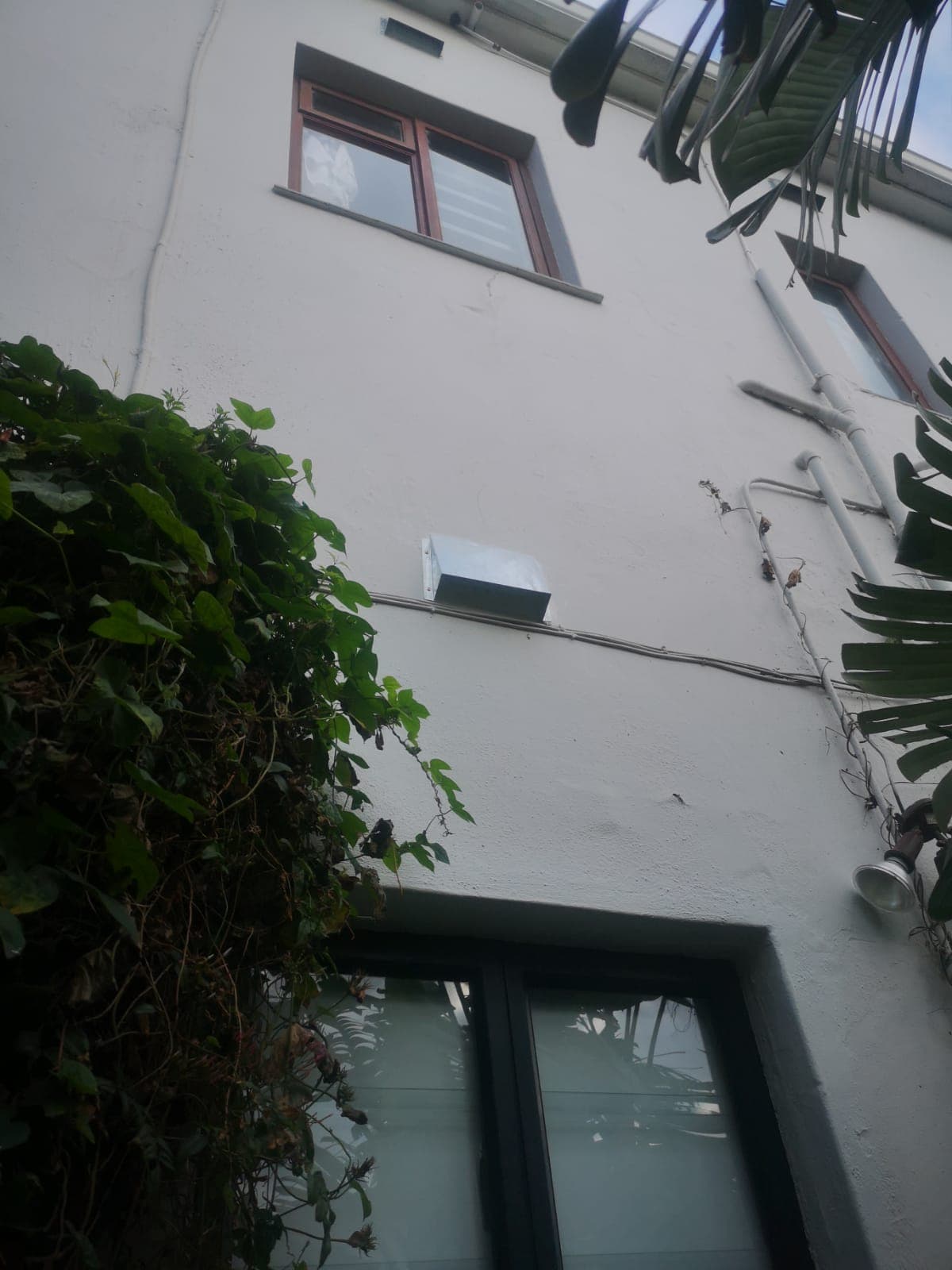 Correctly installed hood-style vent cover on an exterior wall